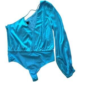 NBD Satin One Shoulder Bodysuit Top NEW Teal Blue Size Medium Dressy Party